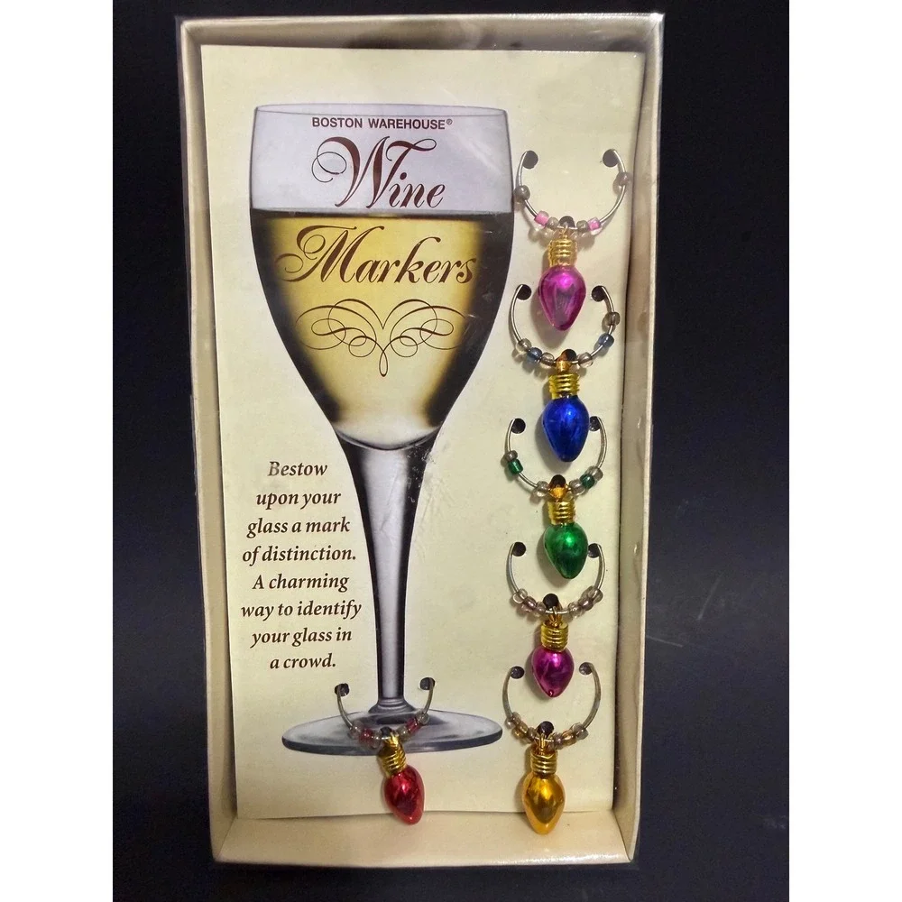 Boston Warehouse Christmas Light Bulb Wine Glass Charms Set of 6 Holiday Markers